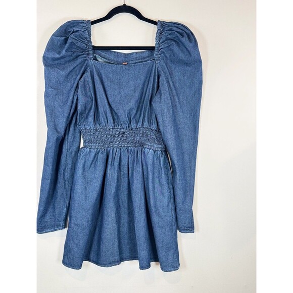 Free People Womens Dress Molly Mini Chambray Puff Sleeve Smocked A Line Large - Picture 6 of 11